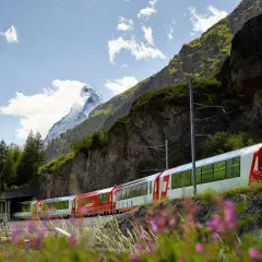 Czerwono-biały pociąg Glacier Express mija skaliste zbocze górskie z ośnieżonym szczytem w tle.
