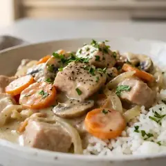 Un réconfortant blanquette de dinde avec des carottes, champignons et oignons, servi avec du riz blanc et garni de persil frais.