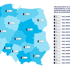Mapa Polski z oznaczeniami województw i powiatów. Litera L oznacza województwo lubelskie.