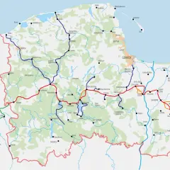 Mapa przedstawia sieć **tras rowerowych Pomorze**, łączących m.in. Gdańsk, Słupsk, Lębork i Chojnice.
