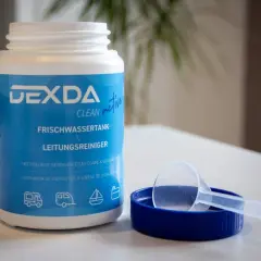 Produit DEXDA pour le nettoyage cuve eau propre camping car. Inclus une dosette.