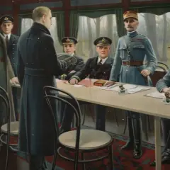 Militares de distintas naciones se reúnen en un vagón de tren para firmar el armisticio, marcando el fin de la Primera Guerra Mundial.