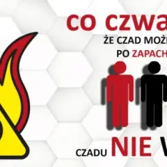 Ostrzeżenie przed czadem: płomienie otaczają trójkąt z napisem "CO". Tekst informuje, że czadu nie widać, choć można go rozpoznać po zapachu lub dymie.