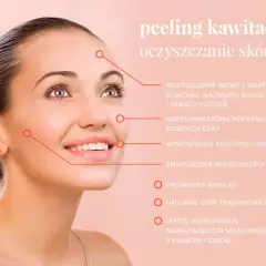 Uśmiechnięta kobieta z czystą cerą. Opisuje peeling kawitacyjny: oczyszczanie skóry krok po kroku, poprawa kondycji, wyrównanie kolorytu, redukcja zaskórników.