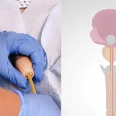 Hände mit blauen Handschuhen führen einen Katheter ein. Daneben eine schematische Darstellung des männlichen Urogenitaltrakts, die das Katheter legen illustriert.