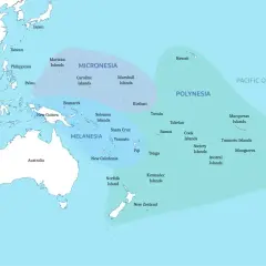 Mapa przedstawiająca podział na Mikronezję, Melanezję i Polinezję, kluczowe regiony **Oceania**.