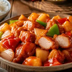 Sabroso cerdo agridulce con trozos de piña, pimientos y cebolla en una salsa brillante.