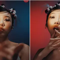 Split image shows a woman with braided buns. Left side uses harsh lighting, right side uses soft lighting, creating different moods.