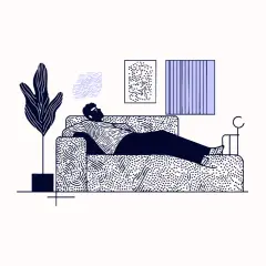 Mężczyzna leży na kanapie, pogrążony w myślach. Ilustracja symbolizuje prokrastynację i psychologię odkładania zadań na później.