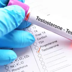 Rękawiczka w niebieskiej rękawiczce trzyma probówkę z krwią do badania. Na formularzu zaznaczono "Testosterone", co jest kluczowe, jak sprawdzić poziom testosteronu.