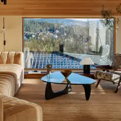 Gemütliches Wohnzimmer im midcentury stil mit einem geschwungenen Sofa, einem Glas-Couchtisch und einem Sessel mit Muster. Große Fenster bieten Blick auf eine bewaldete Hügellandschaft.