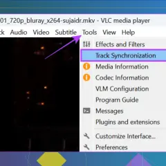 VLC media player menu with "Track Synchronization" highlighted, used to sync subtitles.