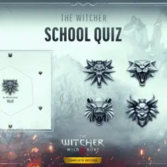 Quiz "Szkoły Wiedźmińskie" z symbolami wilka, węża, niedźwiedzia i gryfa. Wynik: Szkoła Wilka.