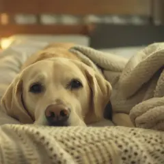 Labrador odpoczywa pod kocem. Zastanawiasz się, ile kosztuje hotel dla psa?