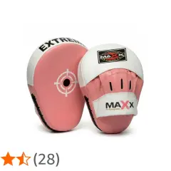 Pink and white boxing pads, perfect for training. Learn how to hold pads for boxing with these durable MAXX Pro Boxing Gear mitts.
