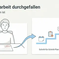 Mann sitzt am Schreibtisch, seine Bachelorarbeit ist durchgefallen. Ein Pfeil zeigt auf eine Treppe mit Symbolen für Planung und Zielerreichung.