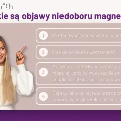 Kobieta wskazuje na listę objawów niedoboru magnezu: mrowienie, drżenie powiek, nerwowość, lęk.