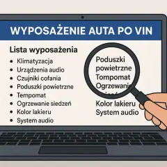 Lista wyposażenia auta po VIN: klimatyzacja, poduszki powietrzne, tempomat, ogrzewanie siedzeń, system audio. Lupa podkreśla kluczowe elementy.