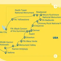 Mapa USA z zaznaczonymi trasami i atrakcjami, w tym parki narodowe USA, jak Yellowstone i Wielki Kanion Kolorado.