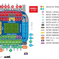 Schemat stadionu Lecha Poznań z podziałem na sektory, wejścia i kasy. Informacje o **lech poznań bilety cennik** znajdziesz na mapie.