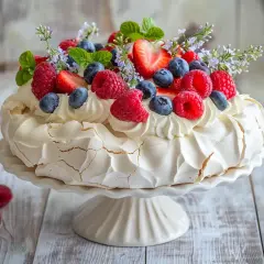 En vacker pavlova tårta med vispgrädde och färska bär som jordgubbar, hallon och blåbär. Dekorerad med mynta och små blommor.