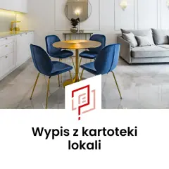 Nowoczesna kuchnia i salon z granatowymi krzesłami, złotym stołem i sofą. Wypis z kartoteki lokali.