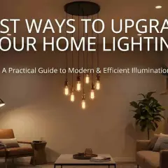 Modern living room with stylish DIY lighting upgrades, featuring a chandelier, floor lamp, and accent shelf lighting.
