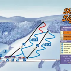Mapa stoki narciarskie Wisła Siglany. Dwa wyciągi talerzykowe, trasy łatwe i trudne, szkoła narciarska, gastronomia, parkingi.
