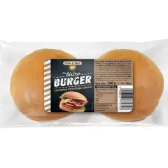 Dwie bułki do hamburgerów w opakowaniu z etykietą.