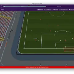 Mecz Football Manager 2020, FC Bayern vs Köln. Patrick jest blisko piłki, gdy Deckert ją wykopuje. Formacja 4-2-4.