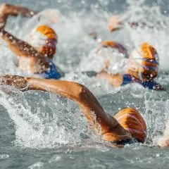 Pływacy w czepkach ścigają się w wodzie. Intensywny wysiłek podczas tego multisport classic.