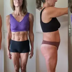 Transformation d'une femme montrant les résultats de prendre du muscle après 50 ans. Avant/après, vues de face et de profil.