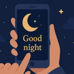 Dłoń trzyma smartfon z napisem "Good night" i księżycem. Idealne życzenia na wieczór.