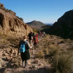 Grupo de excursionistas disfrutando de una randonnée en Cabo de Gata, con el mar y un volcán al fondo.