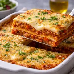 Eine Portion köstliche vegane Lasagne mit Gemüse wird aus einer Auflaufform gehoben. Sie ist mit geschmolzenem Käse und Petersilie bestreut.