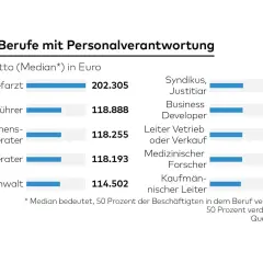 Top-10-Berufe mit Personalverantwortung: Chefarzt verdient 202.305€! Zeigt, dass einfache Ausbildung viel Geld bringen kann.