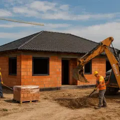 Budowa domu w toku: koparka pracuje, budowlańcy układają cegły, a dźwig czeka na swoją kolej. Zastanawiasz się, ile trwa budowa domu?