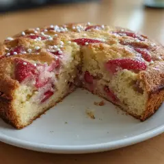 En saftig sockerkaka med jordgubbar, toppad med pärlsocker. Perfekt till fikat!