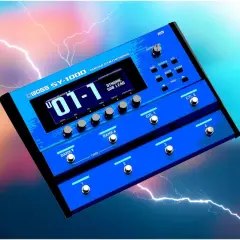 Niebieski BOSS SY-1000, gitarowy syntezator, gotowy do wywołania burzy dźwięków.