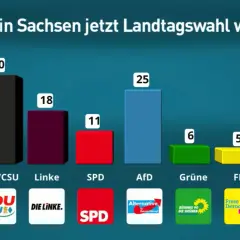 Civey Sachsen: Balkendiagramm zeigt Umfragewerte für Parteien bei Landtagswahl. CDU/CSU 30%, AfD 25%, Linke 18%, SPD 11%, Grüne 6%, FDP 5%.