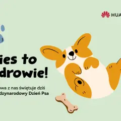 Radosny corgi świętuje Międzynarodowy Dzień Psa. "Pies to zdrowie!" głosi napis. Obok kość i piłka. Huawei.