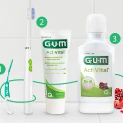 Zestaw do higieny jamy ustnej GUM Activital: szczoteczka, pasta i płyn. To znaczy dbanie o zdrowe dziąsła i zęby każdego dnia.
