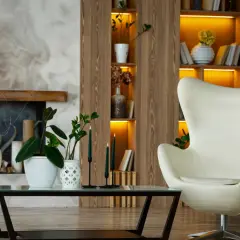 Gemütliches Wohnzimmer mit zwei weißen Eier-Sesseln, einem Couchtisch mit Pflanzen und Kerzen, Kamin und einem Regal im **mid century design**.