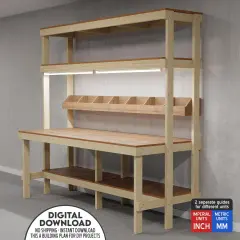Plan établi menuisier pour un établi de rangement en bois, avec étagères et bacs de rangement. Idéal pour les projets DIY.