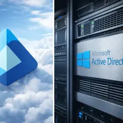 Symbol chmury i serwerownia z logo Microsoft Active Directory.