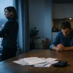 Smutna para przy stole z dokumentami. Trudny podział majątku przed rozwodem u notariusza, w deszczowy wieczór.