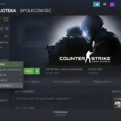 Ekran biblioteki Steam z menu kontekstowym gry Counter-Strike: Global Offensive.