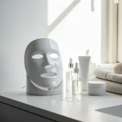 Ansiktsmaskin för LED-terapi och hudvårdsprodukter, inklusive serum och en borste för mekanisk peeling.