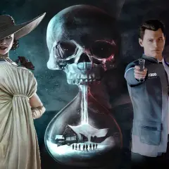 Kobieta w kapeluszu, klepsydra z czaszką i domkiem, oraz android z pistoletem. Klimat gier podobnych do Until Dawn.