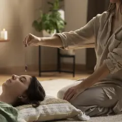 Kobieta z wahadełkiem nad głową leżącej osoby. Czy reiki jest niebezpieczne? Sesja relaksacyjna w przytulnym wnętrzu.